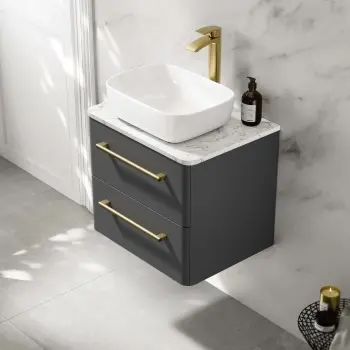 Omaha Slate Grey Wall Hung Vanity Marble Top & Curved Counter Top Basin 600mm - Brass Accents