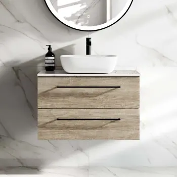 Elba Dawn Oak Wall Hung Drawer Vanity Marble Top & Curved Counter Top Basin 800mm - Black Accents