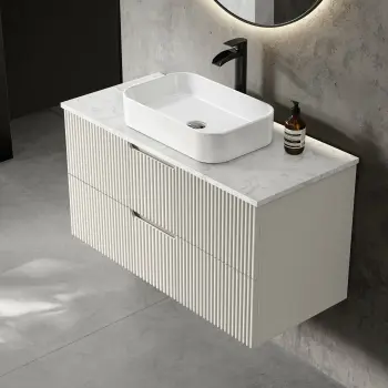 Crete Fluted Linen White Wall Hung Drawer Vanity with Marble Top & Marin Basin 1000mm