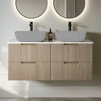 Crete Fluted Apex Oak Double Wall Hung Drawer Vanity Marble Top 1200mm - Excludes Counter Top Basin