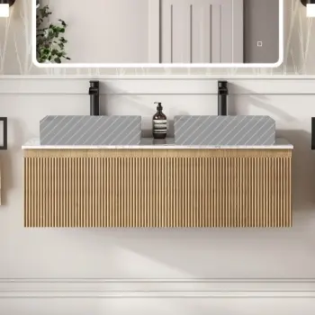 Malta Fluted Country Oak Double Wall Hung Drawer Vanity Marble Top 1200mm - No Basin
