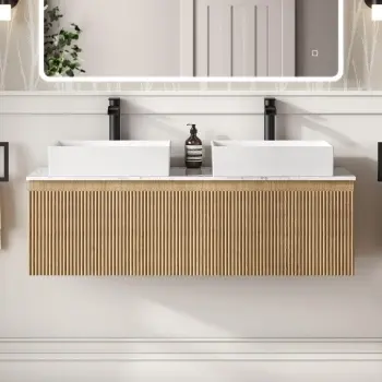 Malta Fluted Country Oak Double Wall Hung Drawer Vanity with Marble Top & Cody Basin 1200mm