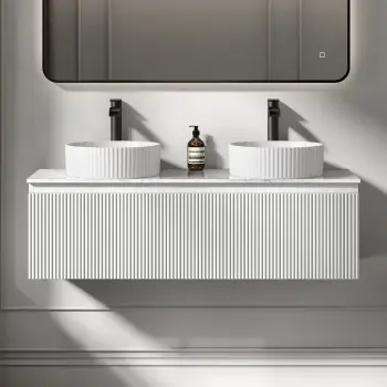 Malta Fluted Coastal White Double Wall Hung Drawer Vanity with Marble Top & Nevis Basin 1200mm
