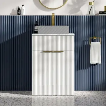 Havana Fluted Coastal White Cabinet with Marble Top 600mm (No Basin) - Brushed Brass Accents