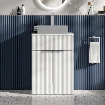 Havana Fluted Coastal White Cabinet with Marble Top 600mm (No Basin) - Chrome Handles