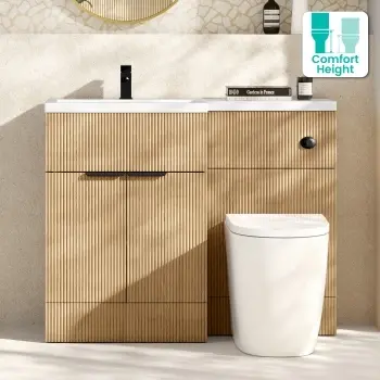 Havana Fluted Country Oak Vanity Basin and Utah Comfort Height Toilet 1100mm - Black Accents - Left