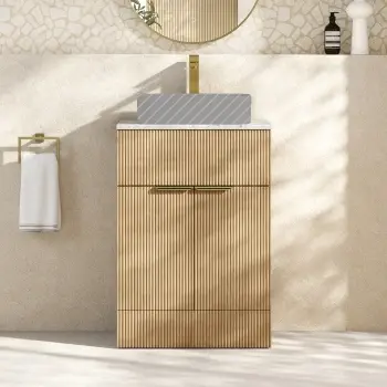 Havana Fluted Country Oak Cabinet with Marble Top 600mm (No Basin) - Brushed Brass Accents