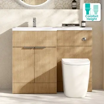 Havana Fluted Country Oak Vanity Basin and Utah Comfort Height Toilet 1100mm Chrome Handles - Left