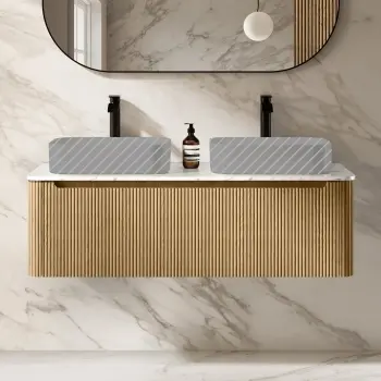 Sorrento Fluted Country Oak Double Wall Hung Drawer Vanity with Marble Top 1200mm - No Basin