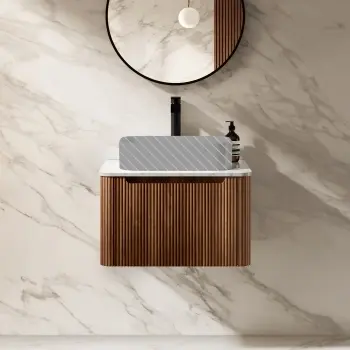 Sorrento Fluted Black Walnut Wall Hung Drawer Vanity with Marble Top 600mm - No Basin