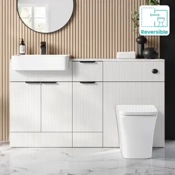 Sicily Fluted?Coastal White Vanity Basin with Marble Top & Houston Toilet 1500mm - Black Accents