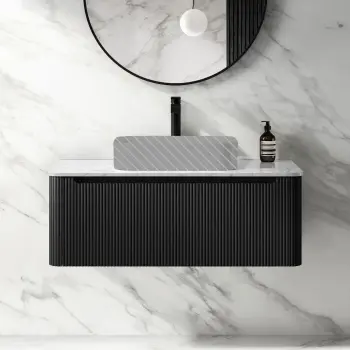 Sorrento Fluted Matt Black Wall Hung Drawer Vanity with Marble Top 1000mm - No Basin