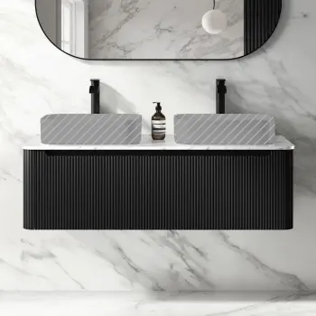 Sorrento Fluted Matt Black Double Wall Hung Drawer Vanity with Marble Top 1200mm - No Basin