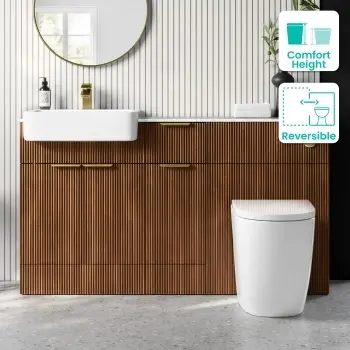 Sicily Fluted?Black Walnut Vanity Basin Marble Top & Utah Comfort Toilet 1500mm - Brass Accents