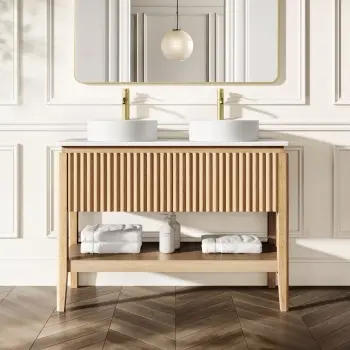 Maru Oak Wood Grain Vanity Cabinet 1200mm with Matt White Stone Top - Basin Not Included