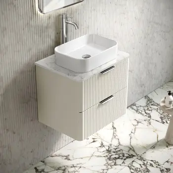 Cadiz Fluted Linen White Wall Hung Drawer Vanity Marble Top 600mm (No Basin) - Chrome Handles