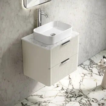 Cadiz Fluted Linen White Wall Hung Drawer Vanity Marble Top & Marin Basin 600mm - Chrome Handles