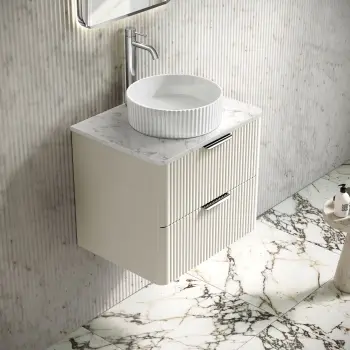 Cadiz Fluted Linen White Wall Hung Drawer Vanity Marble Top & Nevis Basin 600mm - Chrome Handles