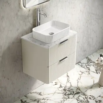 Cadiz Fluted Linen White Wall Hung Drawer Vanity with Marble Top & Reno Basin 600mm - Chrome Handles