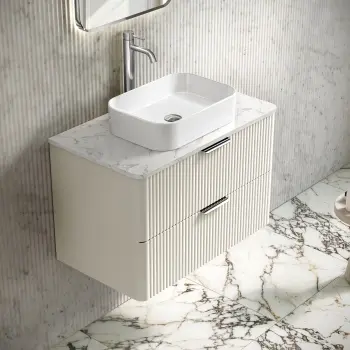 Cadiz Fluted Linen White Wall Hung Drawer Vanity Marble Top 800mm (No Basin) - Chrome Handles
