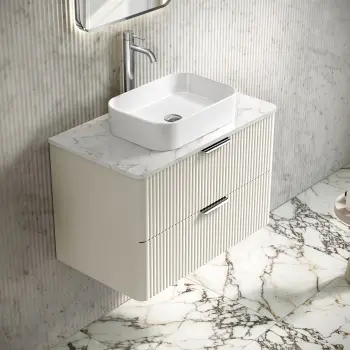 Cadiz Fluted Linen White Wall Hung Drawer Vanity Marble Top & Marin Basin 800mm - Chrome Handles