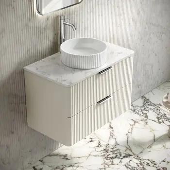 Cadiz Fluted Linen White Wall Hung Drawer Vanity Marble Top & Nevis Basin 800mm - Chrome Handles