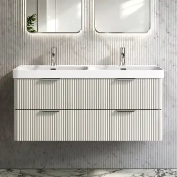 Cadiz Fluted Linen White Wall Hung Double Basin Drawer Vanity 1200mm - Chrome Handles