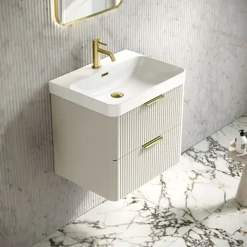 Cadiz Fluted Linen White Wall Hung Basin Drawer Vanity 600mm - Brushed Brass Accents