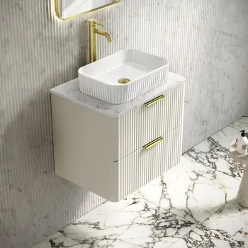 Cadiz Fluted Linen White Wall Hung Vanity Marble Top & Reno Basin 600mm - Brushed Brass Accents
