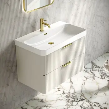 Cadiz Fluted Linen White Wall Hung Basin Drawer Vanity 800mm - Brushed Brass Accents