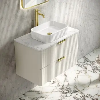 Cadiz Fluted Linen White Wall Hung Vanity Marble Top & Reno Basin 800mm - Brushed Brass Accents