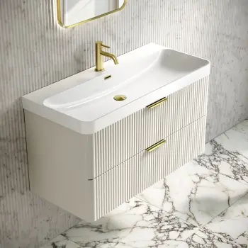 Cadiz Fluted Linen White Wall Hung Basin Drawer Vanity 1000mm - Brushed Brass Accents