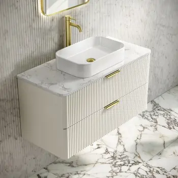 Cadiz Fluted Linen White Wall Hung Vanity Marble Top 1000mm (No Basin) - Brushed Brass Accents