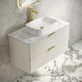 Cadiz Fluted Linen White Wall Hung Vanity Marble Top & Marin Basin 1000mm - Brushed Brass Accents