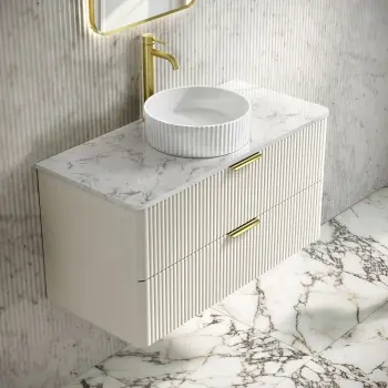 Cadiz Fluted Linen White Wall Hung Vanity Marble Top & Nevis Basin 1000mm - Brushed Brass Accents