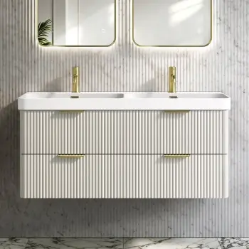 Cadiz Fluted Linen White Wall Hung Double Basin Drawer Vanity 1200mm - Brushed Brass Accents