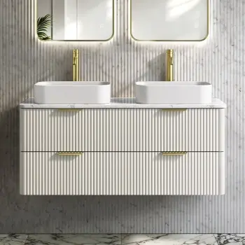Cadiz Fluted Linen White Double Wall Hung Vanity Marble Top & Marin Basin 1200mm - Brass Accents