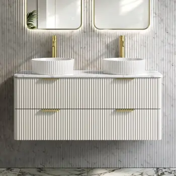 Cadiz Fluted Linen White Double Wall Hung Vanity Marble Top & Nevis Basin 1200mm - Brass Accents