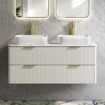 Cadiz Fluted Linen White Double Wall Hung Vanity Marble Top & Reno Basin 1200mm - Brass Accents