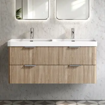 Cadiz Fluted Apex Oak Wall Hung Double Basin Drawer Vanity 1200mm - Chrome Handles