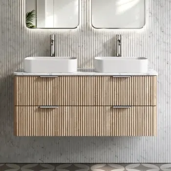 Cadiz Fluted Apex Oak Double Wall Hung Vanity Marble Top & Marin Basin 1200mm - Chrome Handles