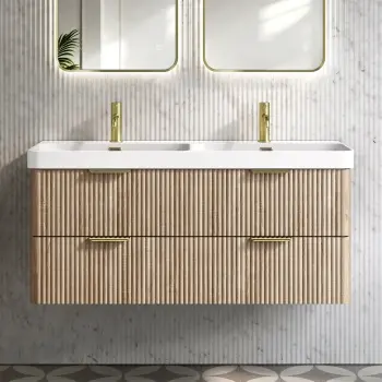 Cadiz Fluted Apex Oak Wall Hung Double Basin Drawer Vanity 1200mm - Brushed Brass Accents