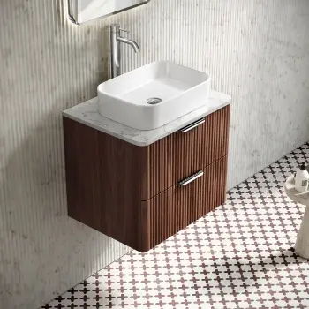 Cadiz Fluted Apex Walnut Wall Hung Drawer Vanity Marble Top 600mm (No Basin) - Chrome Handles