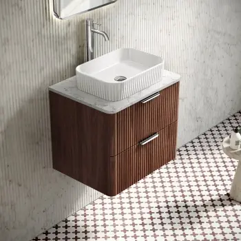 Cadiz Fluted Apex Walnut Wall Hung Drawer Vanity with Marble Top & Reno Basin 600mm - Chrome Handles