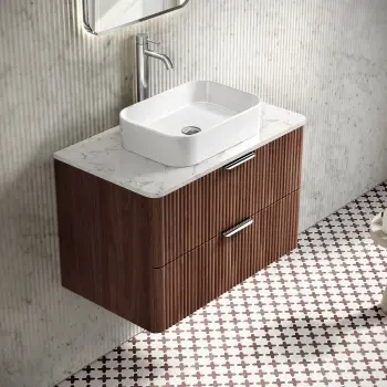 Cadiz Fluted Apex Walnut Wall Hung Drawer Vanity Marble Top 800mm (No Basin) - Chrome Handles