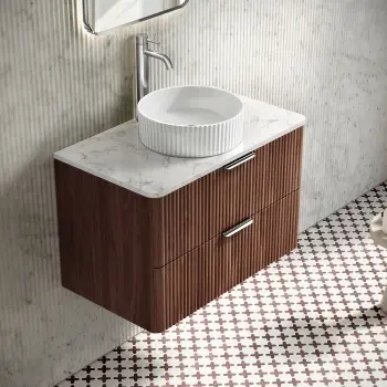 Cadiz Fluted Apex Walnut Wall Hung Drawer Vanity Marble Top & Nevis Basin 800mm - Chrome Handles