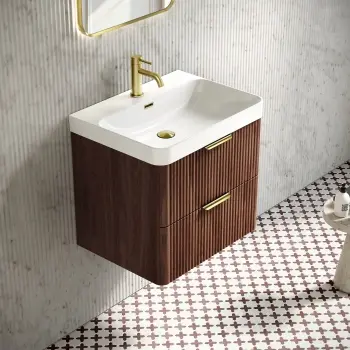Cadiz Fluted Apex Walnut Wall Hung Basin Drawer Vanity 600mm - Brushed Brass Accents