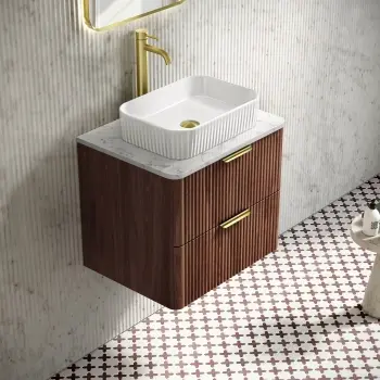 Cadiz Fluted Apex Walnut Wall Hung Vanity Marble Top & Reno Basin 600mm - Brushed Brass Accents