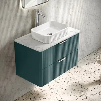 Cadiz Fluted Mystic Green Wall Hung Drawer Vanity Marble Top & Reno Basin 800mm - Chrome Handles