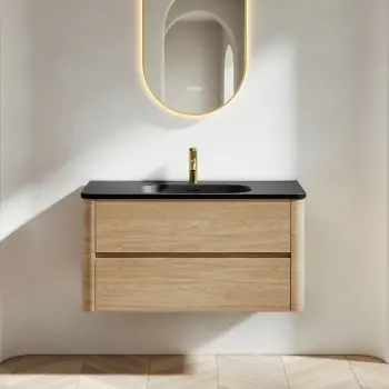 Jerez Country Oak Wall Hung Drawer Vanity with Black Basin 1000mm